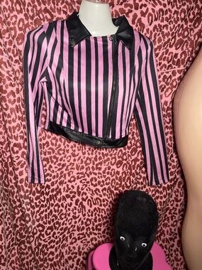 Pink and black striped moto jacket